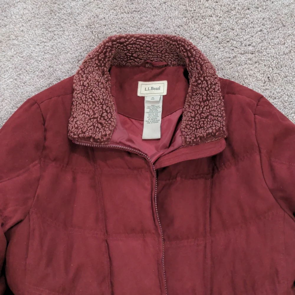 LL BEAN Microsuede Goose Down Quilted Maroon Coat Parka Jacket - Picture 3 of 8
